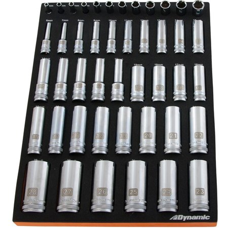 Dynamic 46Pcs 1/4”, 3/8”& 1/2”Dr Metric Deep Chrome Sckt Set W/ Tool Orgnzr D096001-FT6T